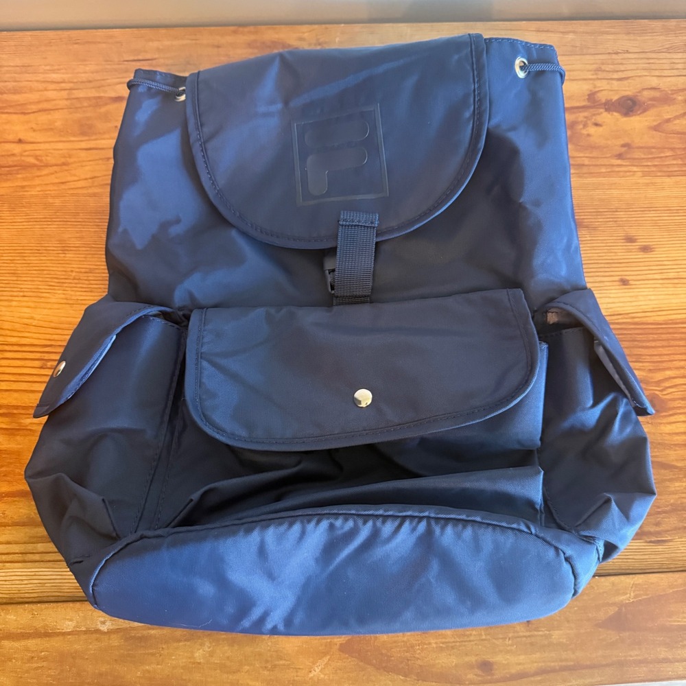 Fila Navy Blue Nylon Backpack Drawstring Rucksack Sporty School Bag Y2K Classic